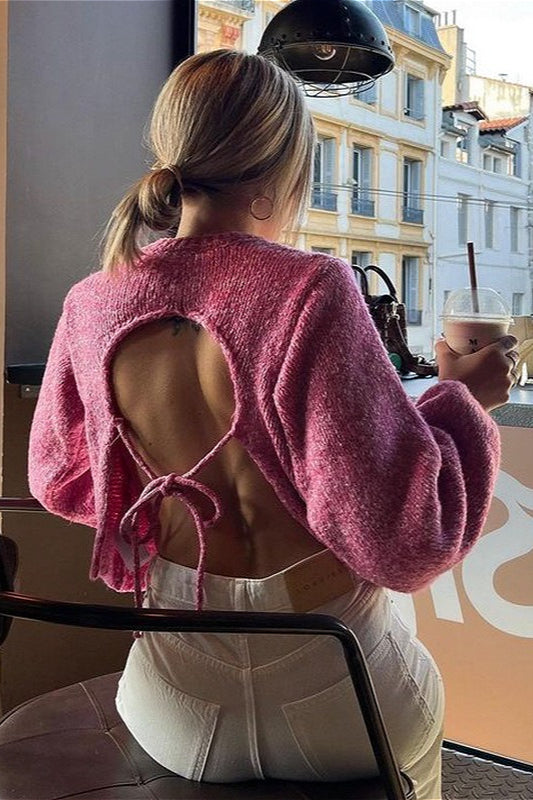 PrincessAce Backless Tie-Knit Crew Neck Long Sleeve Sweater