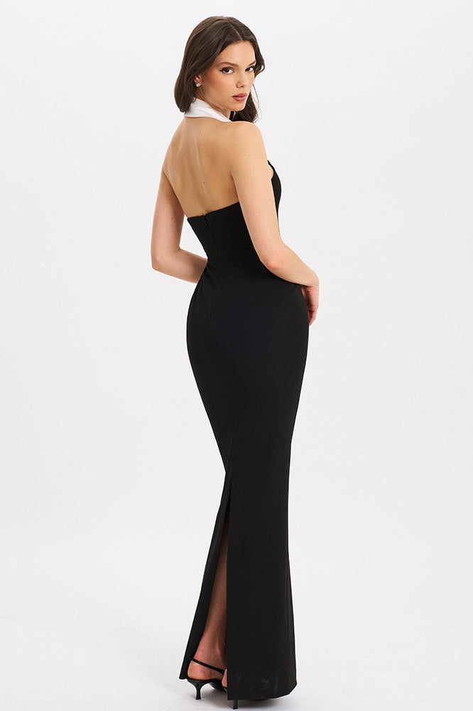 Collared Backless Slit Maxi Dress