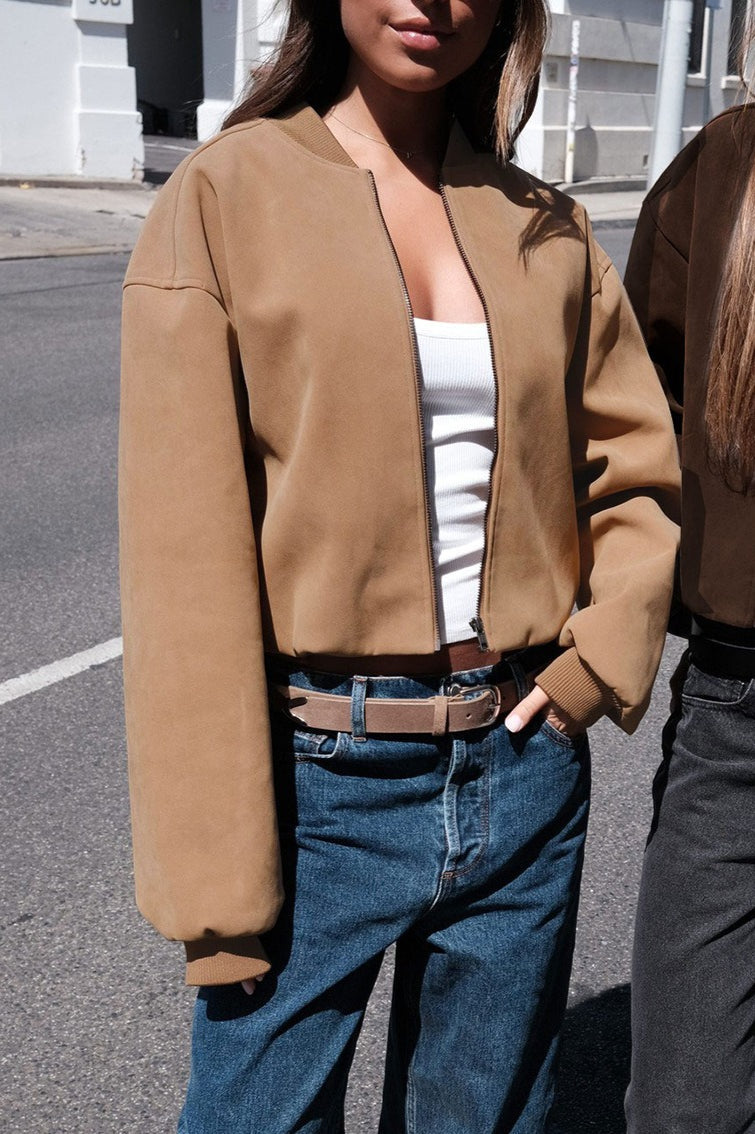 Oversized Faux Suede Bomber Jacket