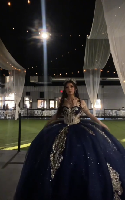 Gorgeous Navy Blue Off The Shoulder Tulle Sequin Sweet 16 Dress Formal Quinceanera Dress D1049