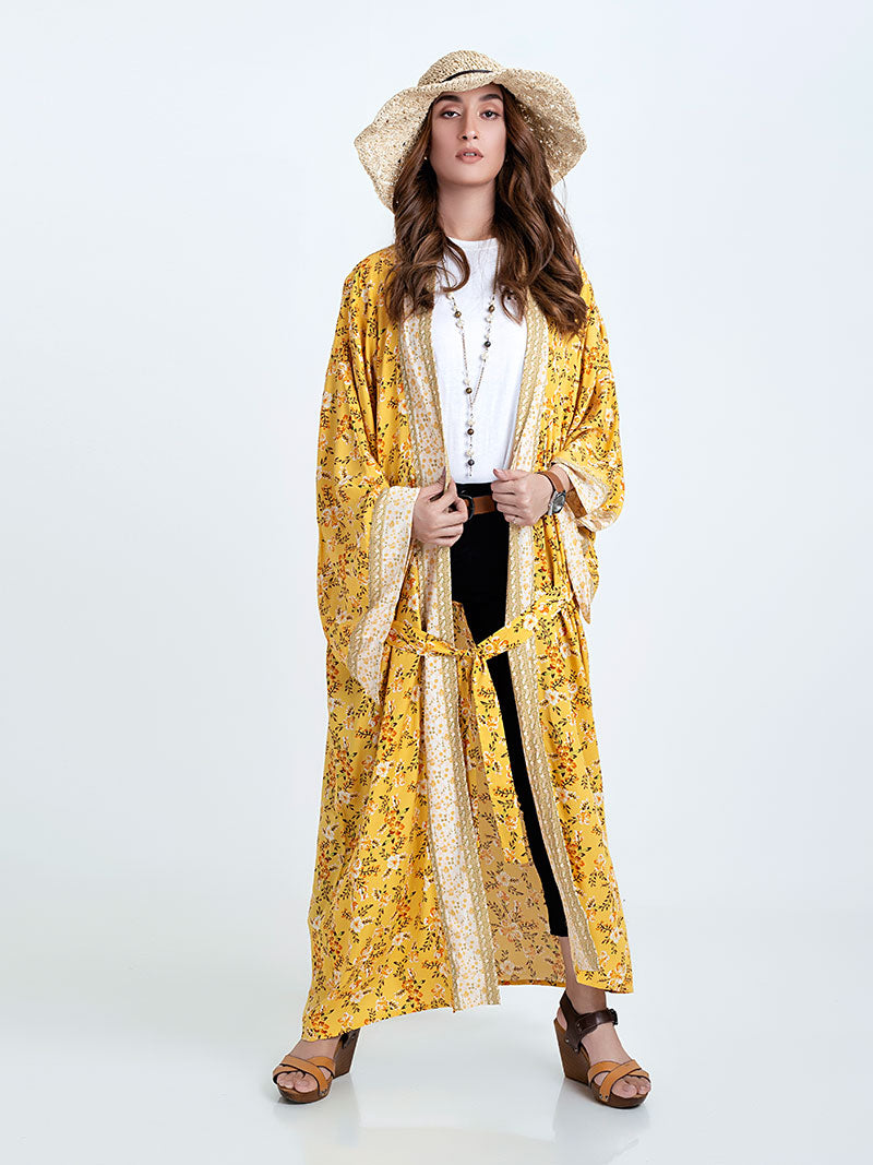 Bridal Party Wear Floral Print Yellow Color Cotton Long Length Gown Robe Kimono