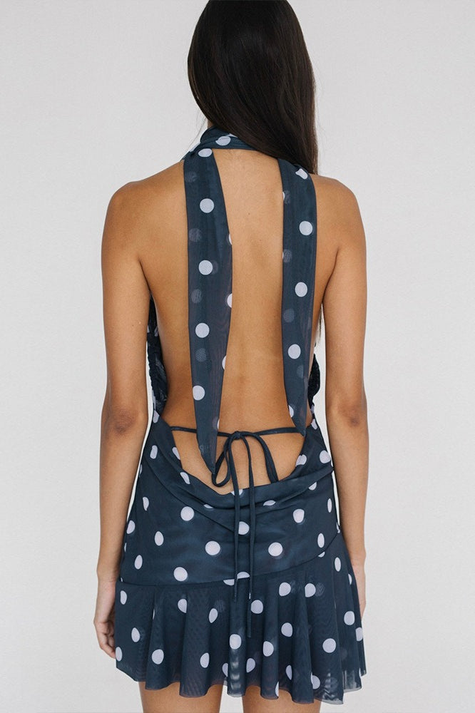Polka Dot Halter Backless Mesh Mini Dress - Fashionpara