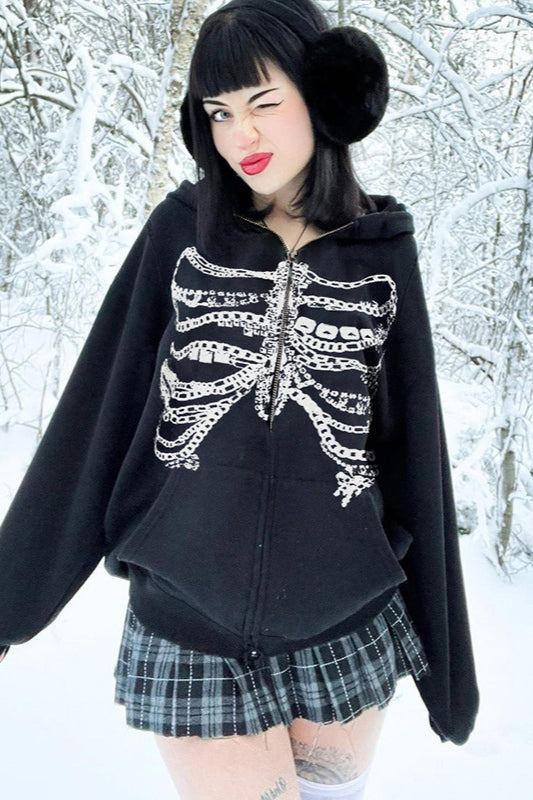 Gothic Skeleton Chain Zip Hoodie