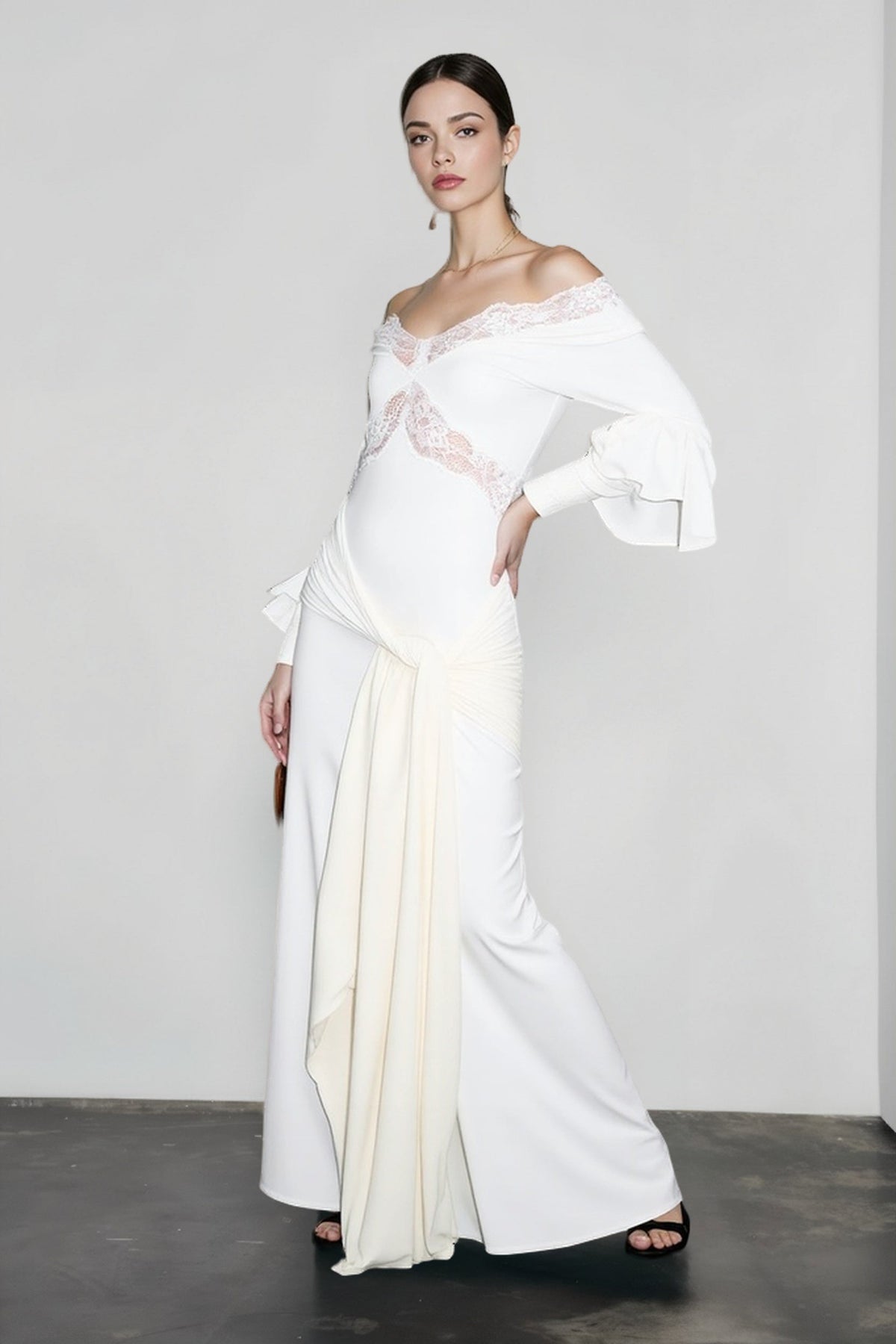 Off Shoulder Bell Sleeve Lace Cut Out Wrap Maxi Dress 3