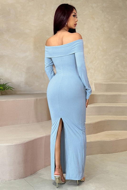 Ribbed Off Shoulder Long Sleeve Bodycon Maxi Dress