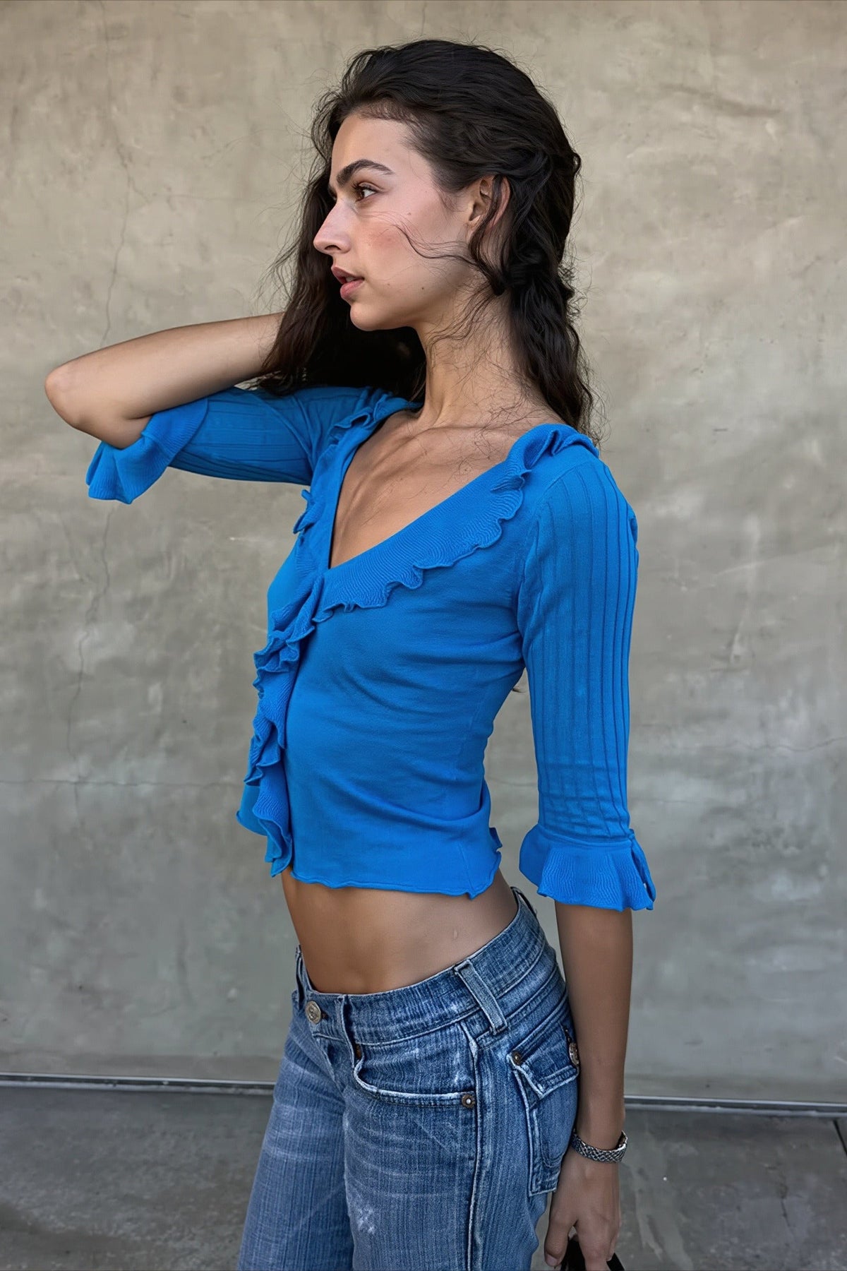 Ruffle Trim Ribbed V Neck Knit Top