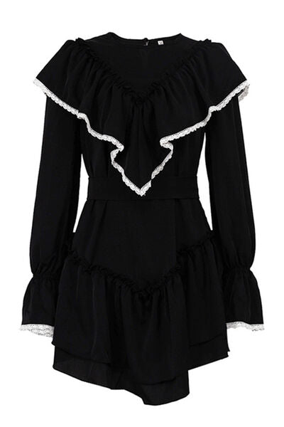 Lace Trim Long Sleeve Tiered Ruffle Mini Dress