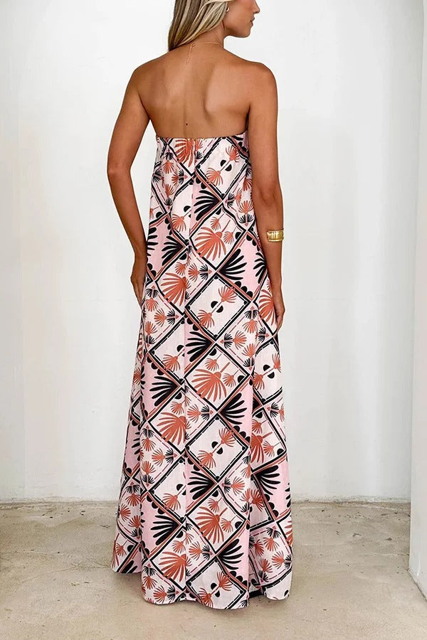 Unique Printed Sexy Strapless Backless Holiday Casual Maxi Dress - Fashionpara