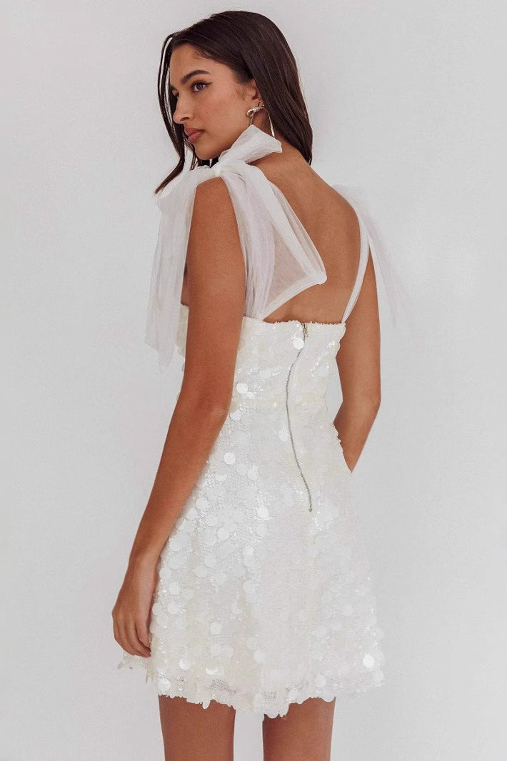 Disc Paillette Sequin V-Neck Bow-Shoulder Mini Dress