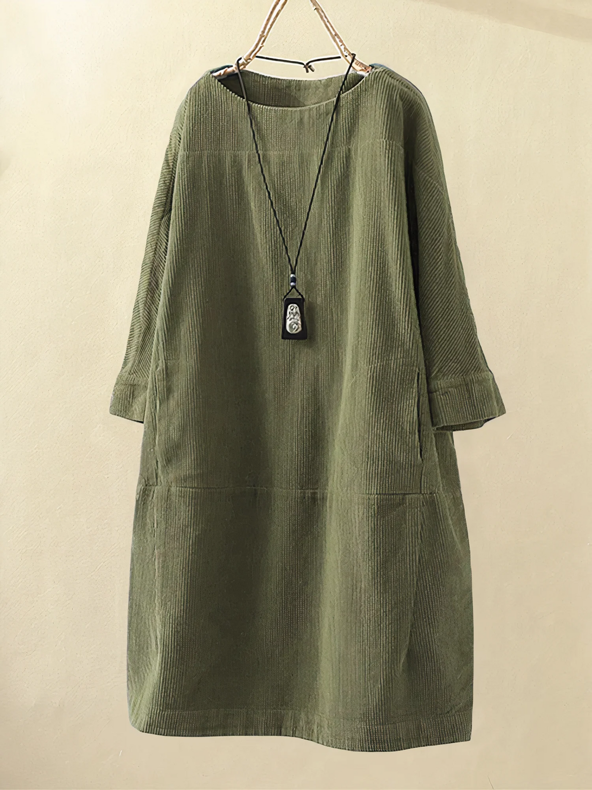Corduroy Oversized Long Sleeve Pocket Paneled Midi Dress