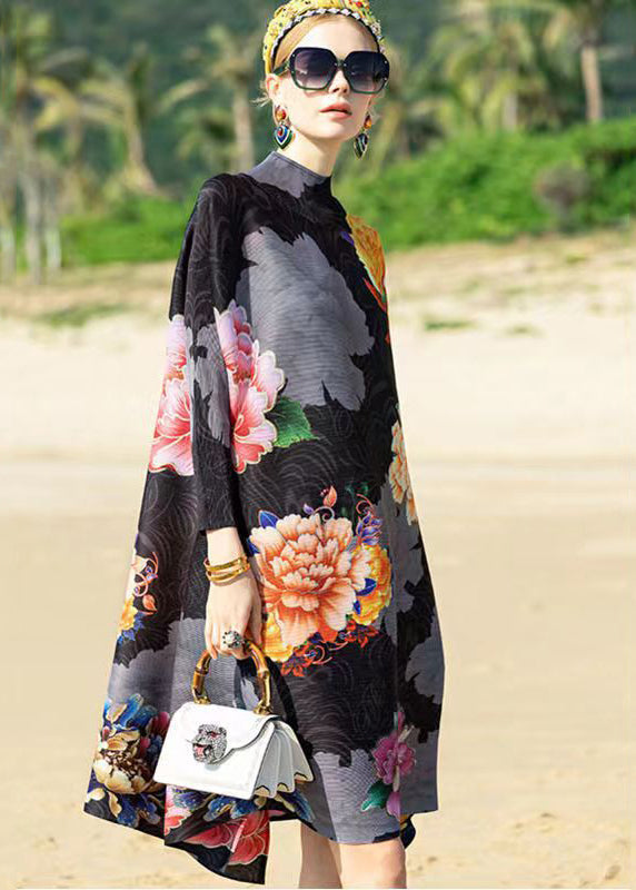 Floral Print Mock Neck Long Sleeve Crinkled Texture A-Line Midi Dress - View 4