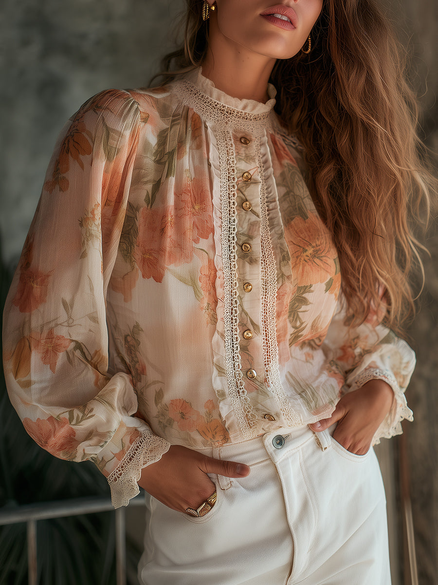 Romantic Bohemian Chiffon Printed Lace Blouse