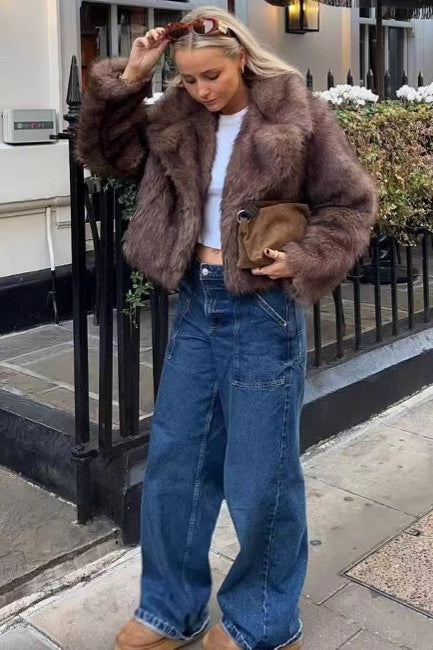 Cropped Faux Fur Lapel Coat - Fashionpara