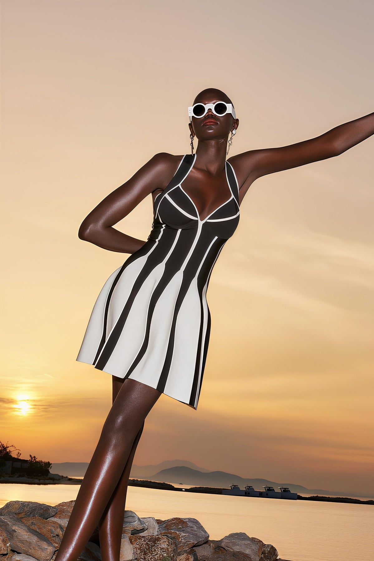 Striped Halter Neck Fit and Flare Bandage Mini Dress 4