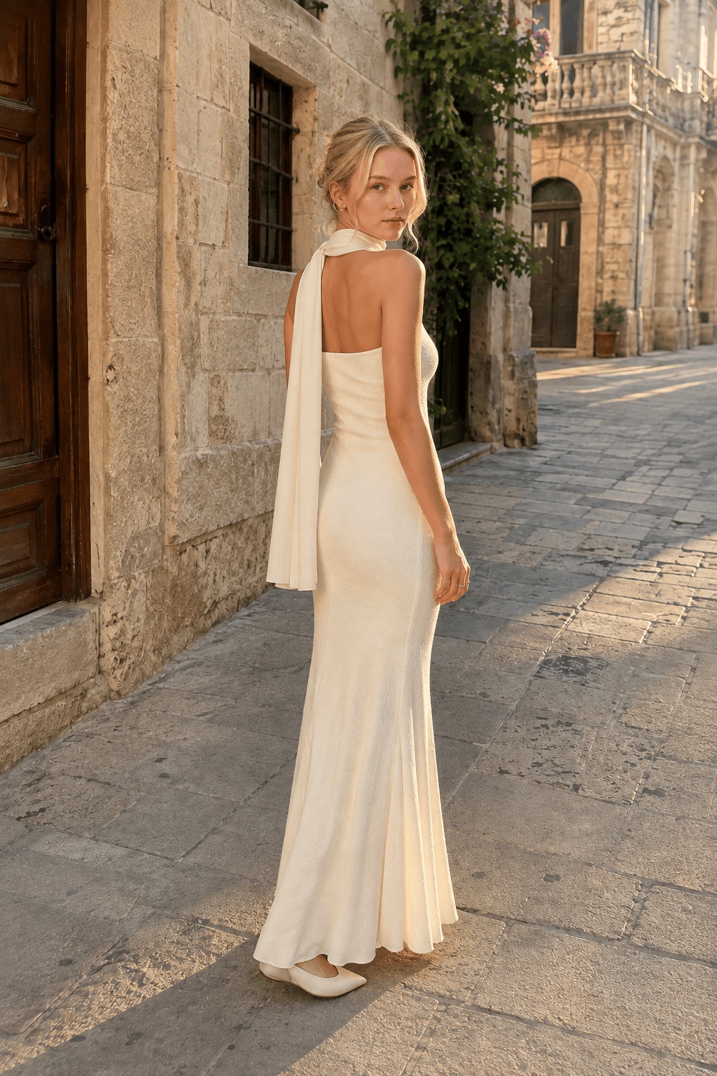Textured Strapless Scarf-Neck Column Maxi Gown