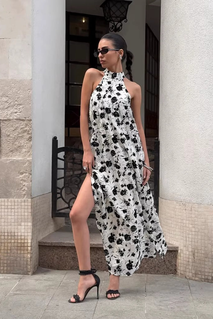 Floral Halter Neck High Split A-Line Maxi Dress 4