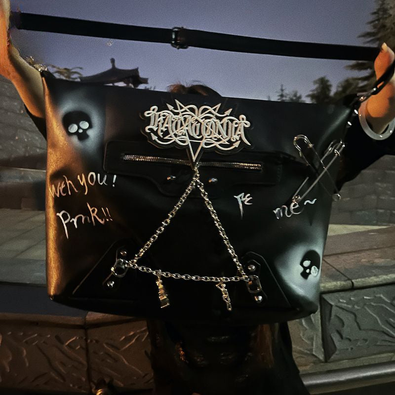 Y2K Harajuku Gothic Skeleton Chain Leather Crossbody Bag - Fashionpara