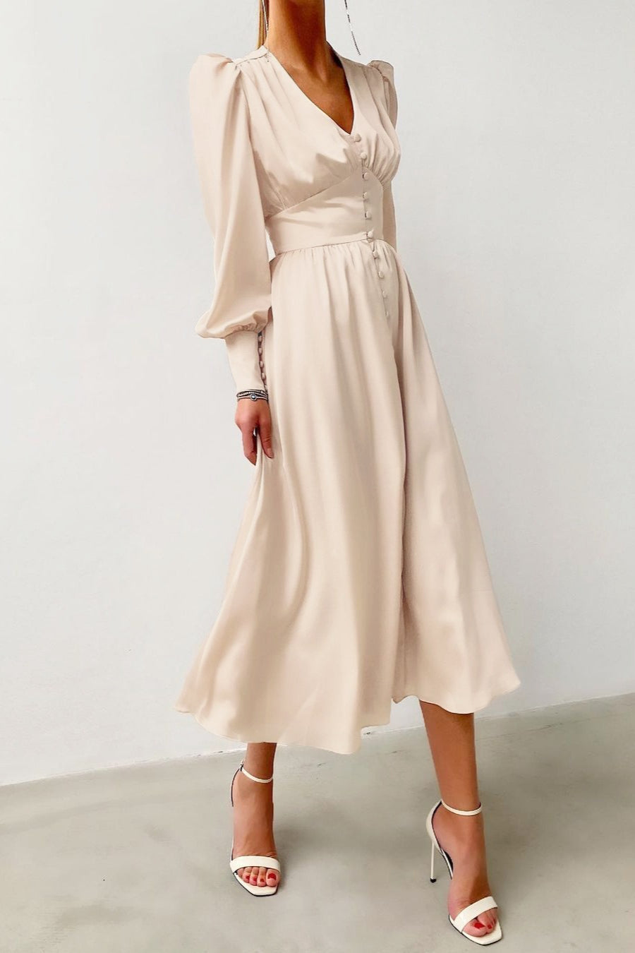 Vintage Satin Puff Sleeve Tailored Midi Dress