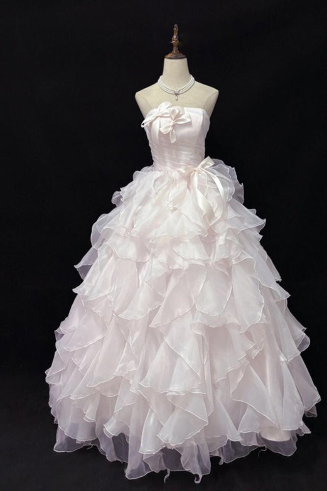 Organza Strapless Tiered Ruffle Ball Gown Prom Dress