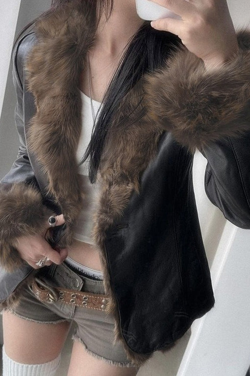 Faux Leather Fur Collar Coat