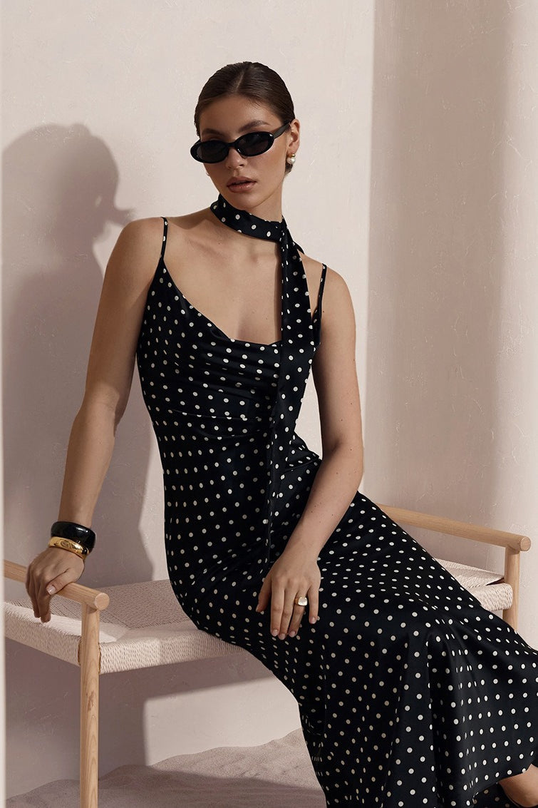 Elegant Polka Dot Cowl Neck Maxi Dress - Fashionpara