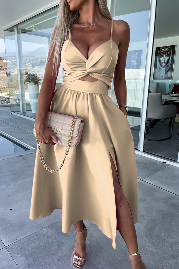 Spaghetti Strap Twist Front Cut Out High Split A-Line Midi Dress - View 18