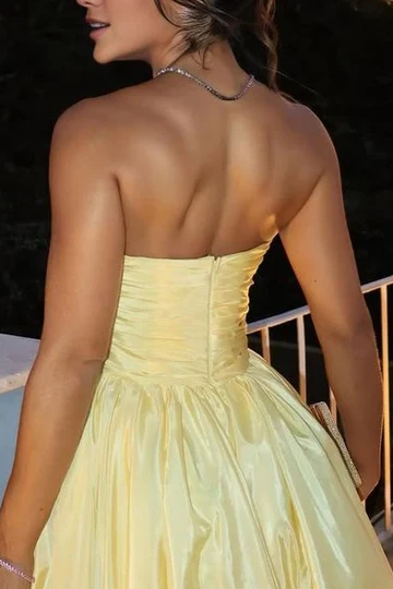 Fashion Strapless Yellow Satin Pleated A Line Long Wedding Guest Dress Evening Dress D1434