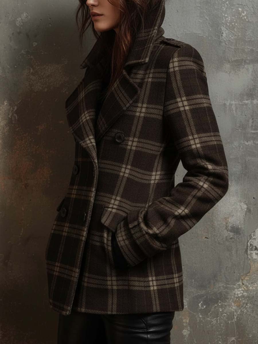 Plaid Wool-Blend Double-Breasted Short Coat
