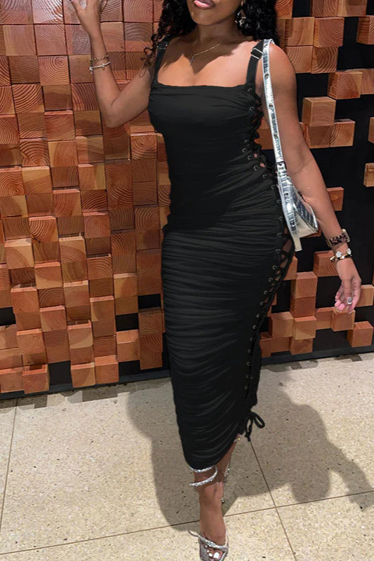 Hollow Side Lace-Up Ruched Slim Fit Party Dress