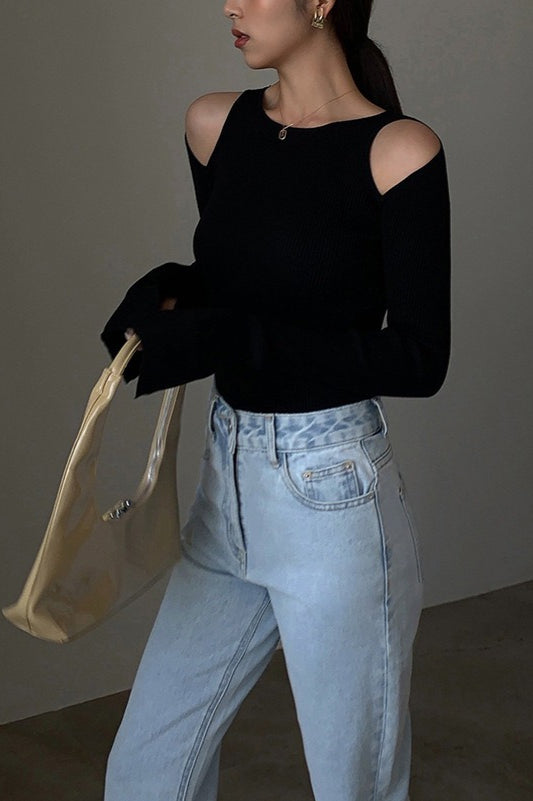 Retro Crew Neck Off-Shoulder Split-Cuff Slim Knit Top 11