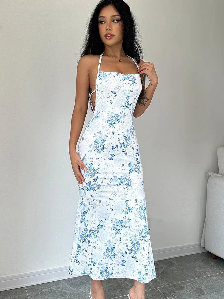Lace-Up Halter Floral Backless Bodycon Dress
