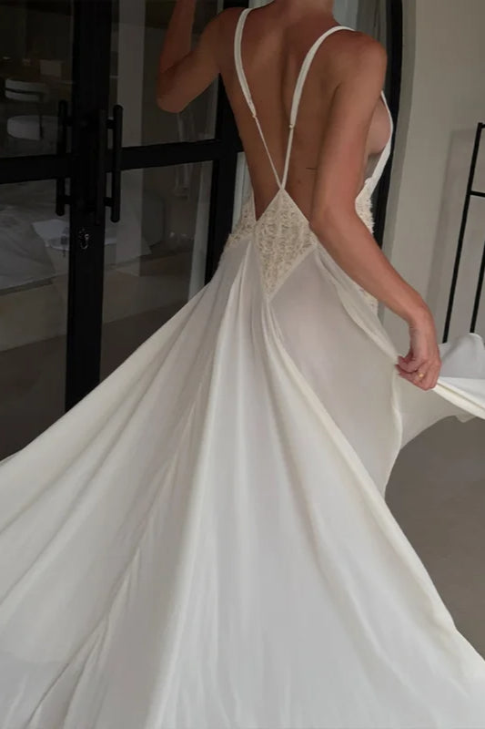 Deep V-Neck Spaghetti Strap Lace A-Line Maxi Gown 9