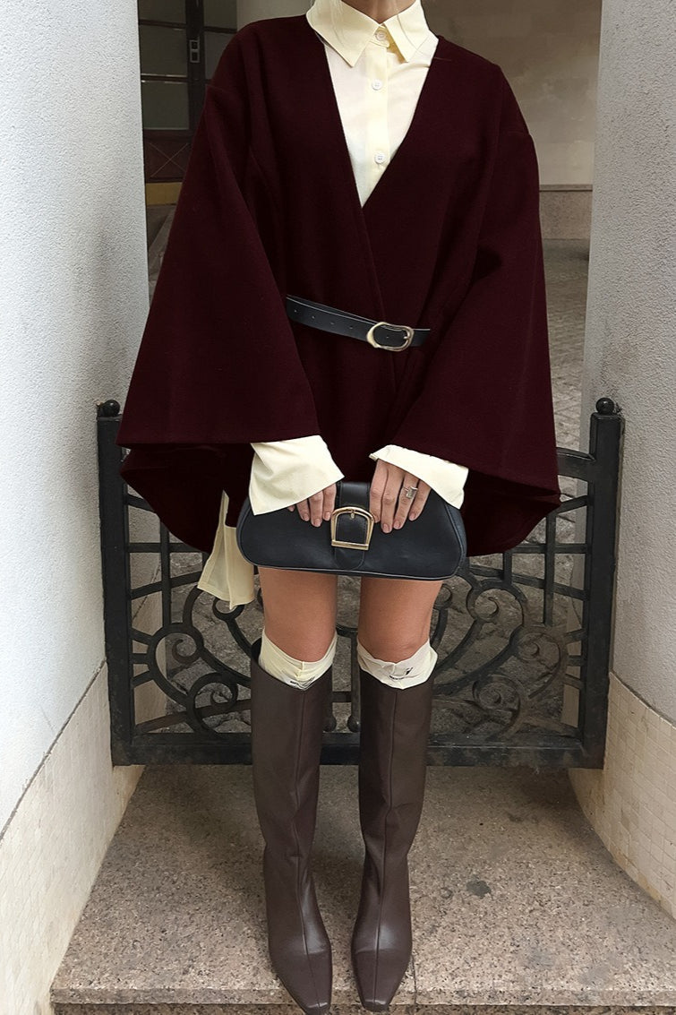 Chic Bell Sleeve V-Neck Solid Wool Coat