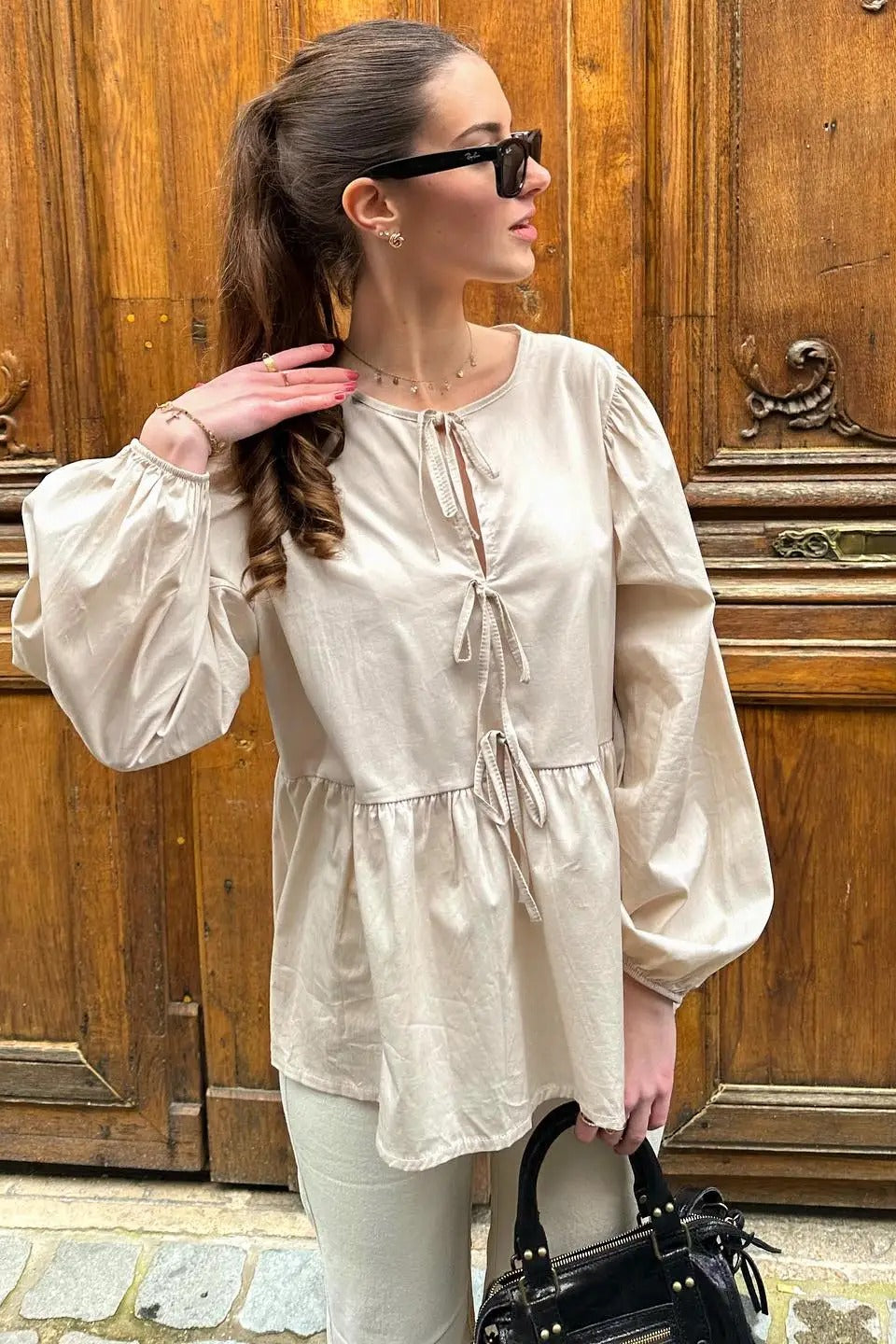 Striped Loose Fit Lace-Up Round Neck Blouse