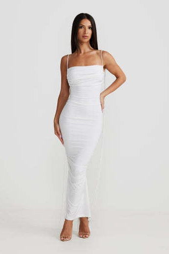 Cowl-Neck Spaghetti-Strap Lace-Up Fishtail Maxi Gown