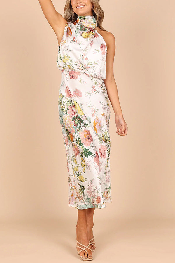 Wine Country Dates Floral Halter Neck Elastic Waist Satin Maxi Dress - Fashionpara