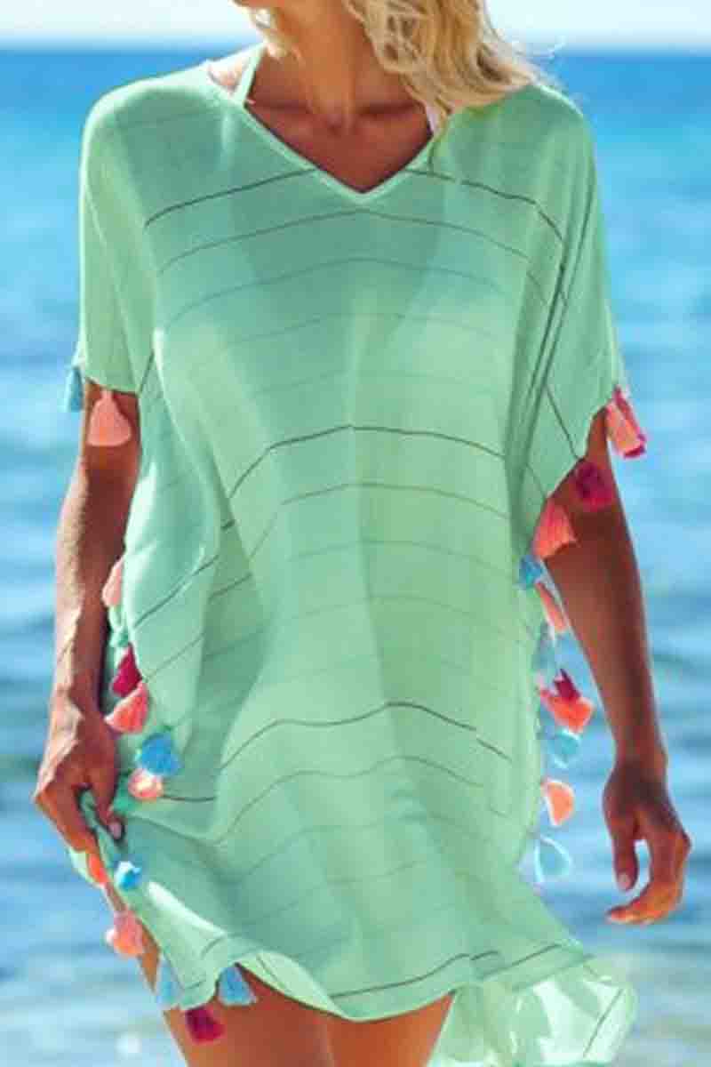 Fringed Blouse Solid Beach Dress （3 Colors)