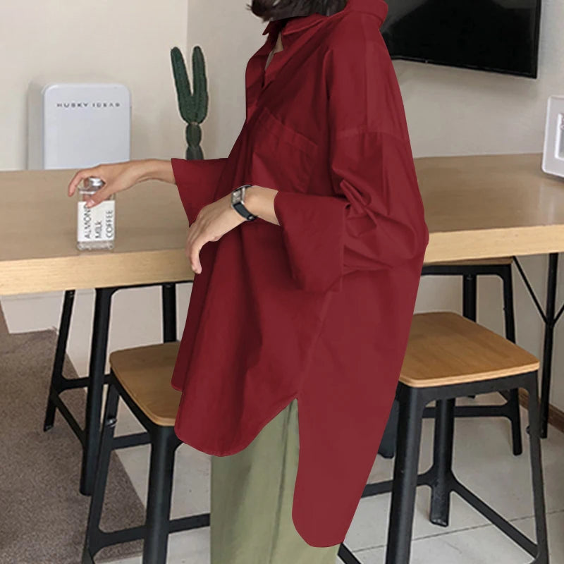 Stylish Lapel Solid Asymmetrical Blouse