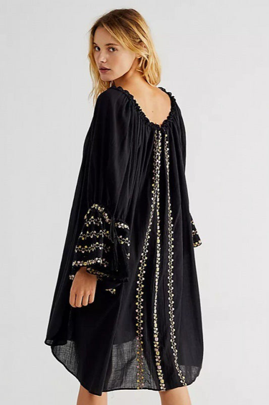Embroidered V-Neck Puff-Sleeve Tie-Front Mini Dress