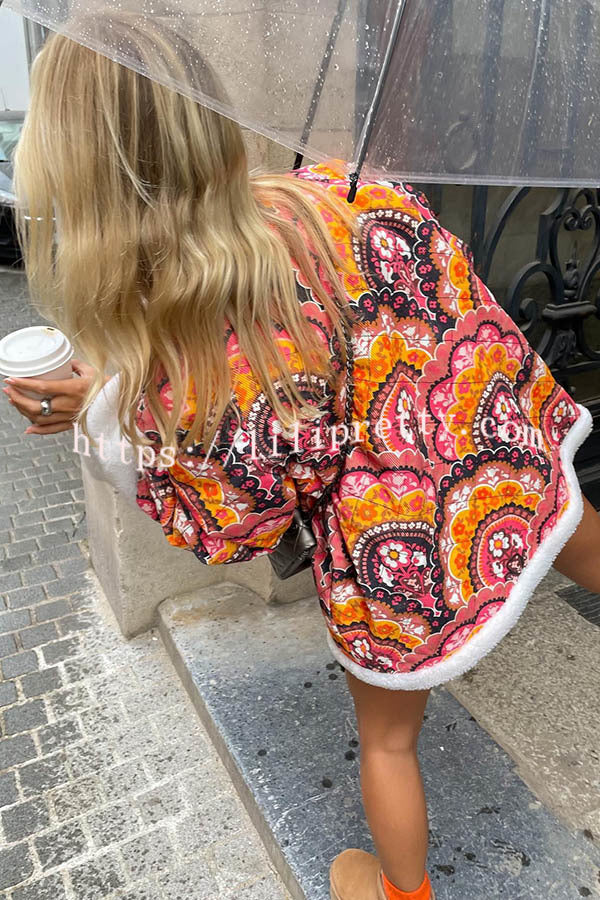 Cute Vintage Print Fleece Quilted Oversize Kimono Jacket - Fashionpara