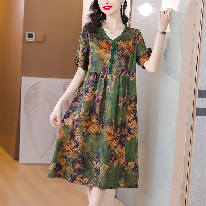 Floral Print V-Neck Short Sleeve Empire Waist Midi Dress