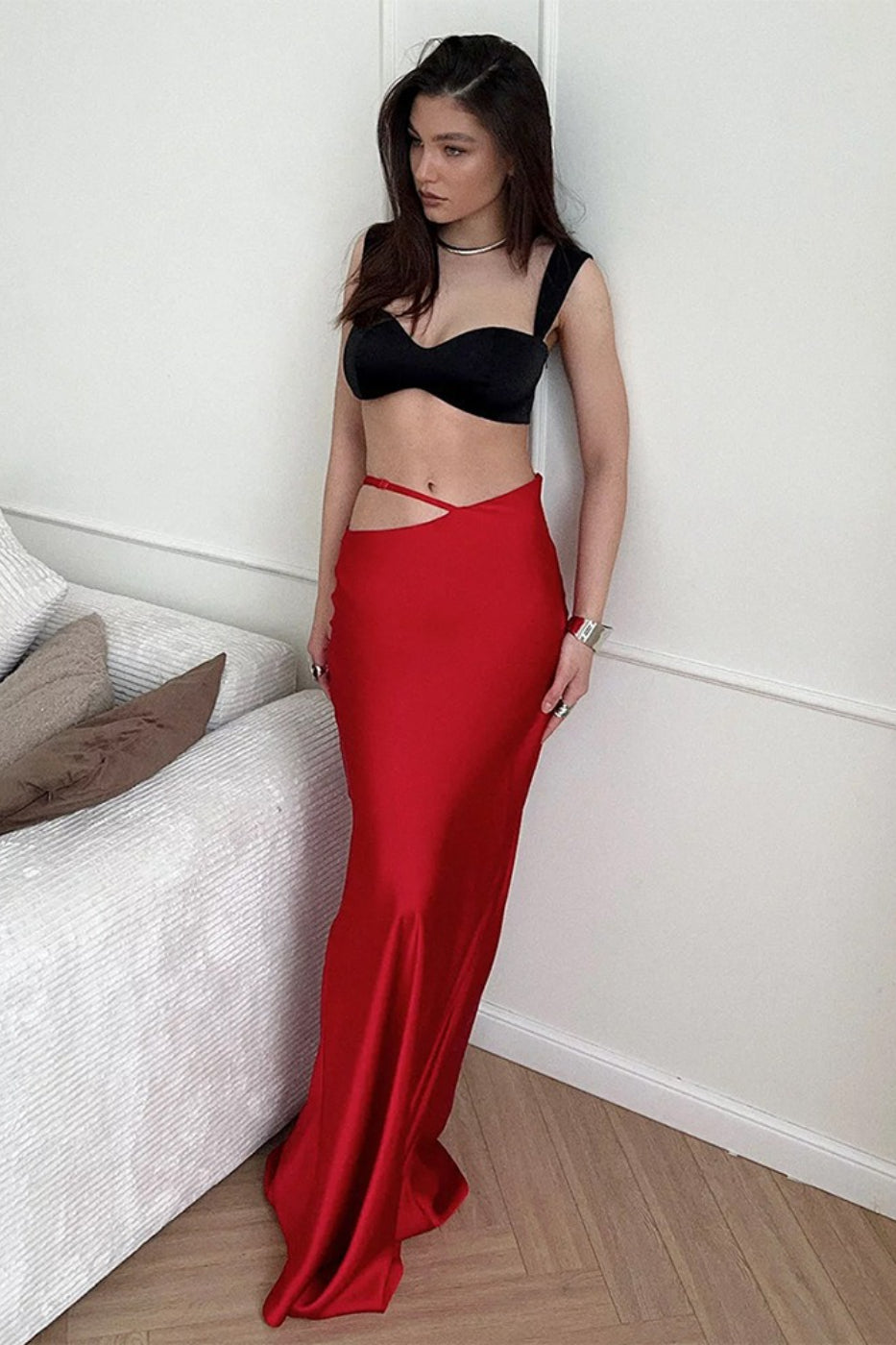 Elegant Slim Fit Solid High Waist Maxi Skirt
