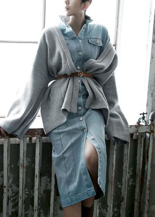Denim Mandarin Collar Button Down Chest Pocket Midi Dress - View 3