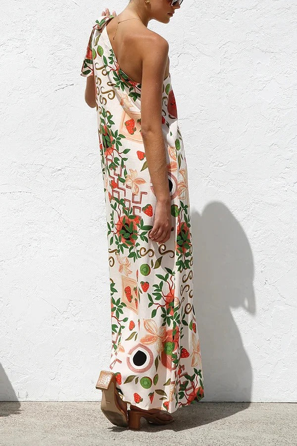 Botanical Print Elegant Strappy One-shoulder Resort Maxi Dress - Fashionpara