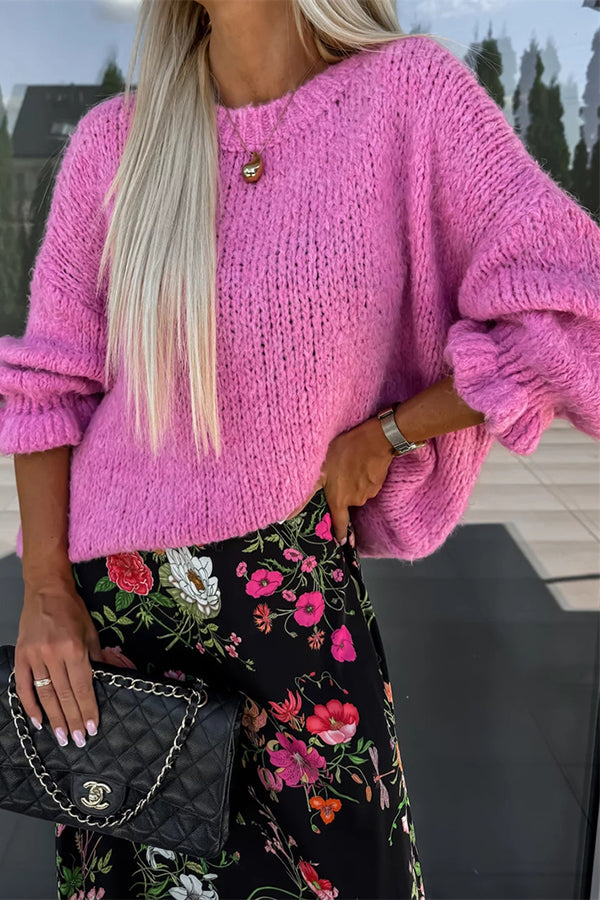 Solid Color Ruffled Long Sleeve Knitted Sweater for Women