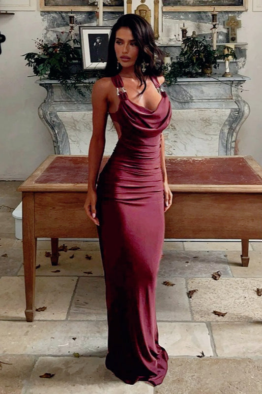 Draped Cowl Neck Satin Ruched Fishtail Mermaid Gown