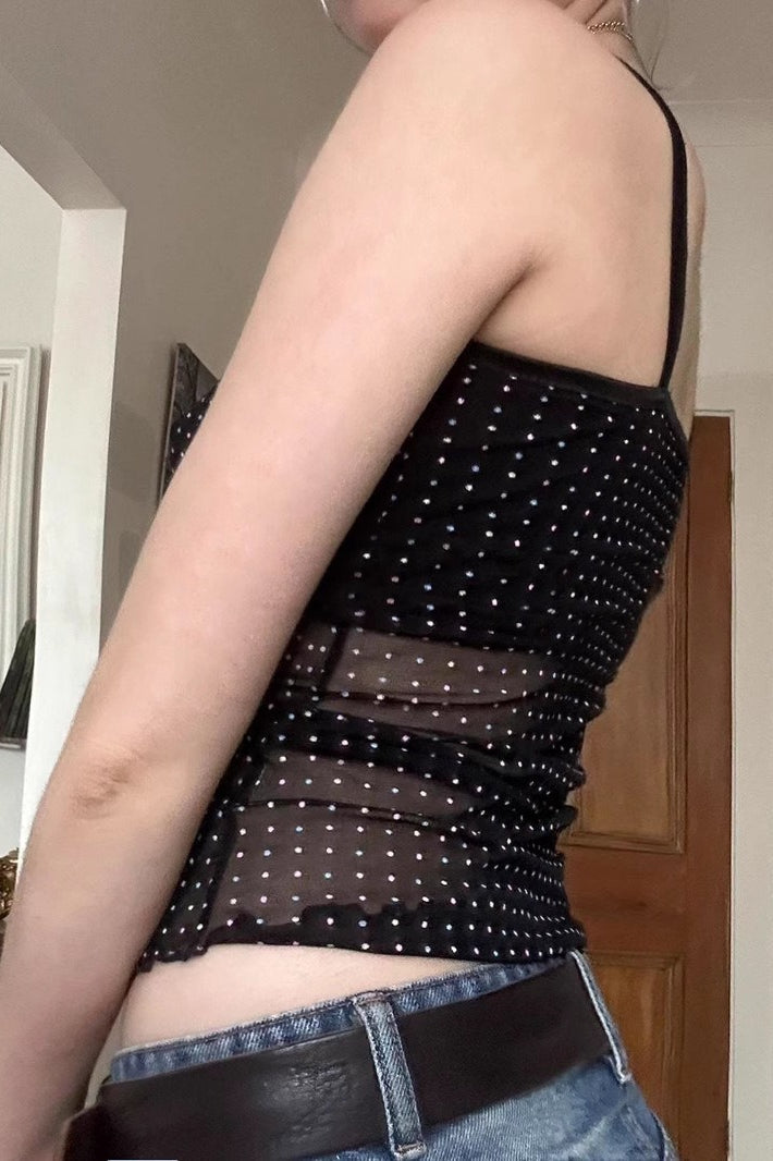 Sheer Polka Dot V-Neck Halter Cami Crop Top - Fashionpara