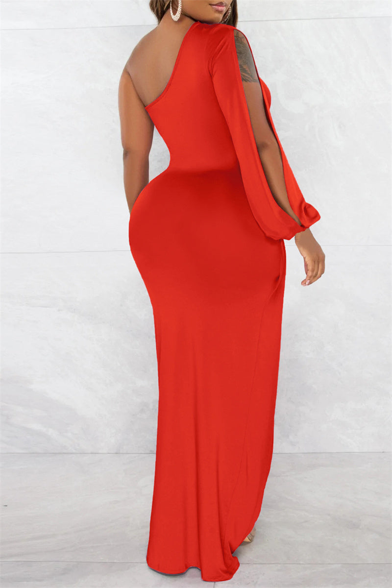Sexy Formal Solid Backless Slit Oblique Collar Long Sleeve Dresses  Fashionpara