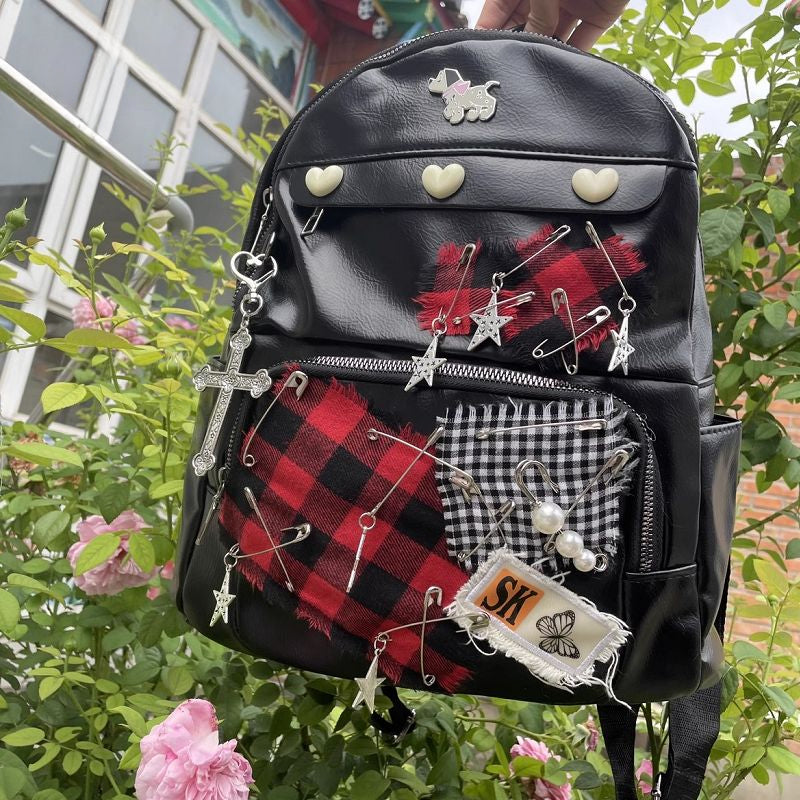Y2K Harajuku Punk Gothic Pu Leather Large Capacity Star Patch School Bag Black Halloween