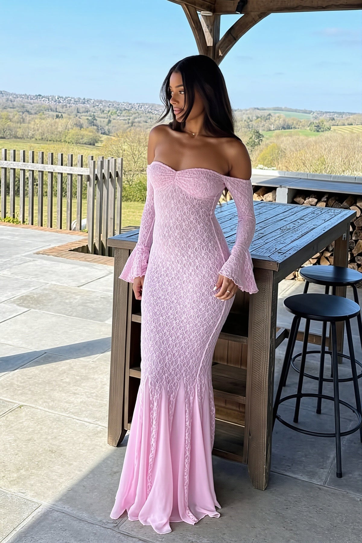 Lace Off Shoulder Long Sleeve Fishtail Maxi Dress